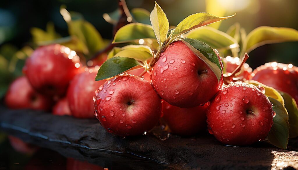 Fresh, ripe apple on wet leaf in nature healthy harvest generated by AI Free Photo