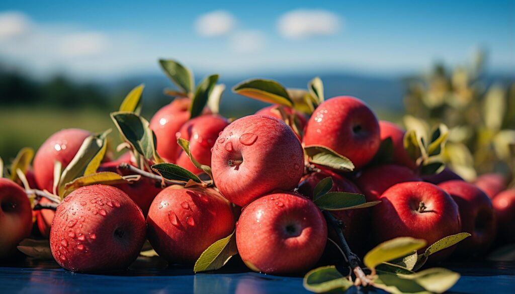 Fresh, ripe apples on a branch in a sunny orchard generated by AI Free Photo