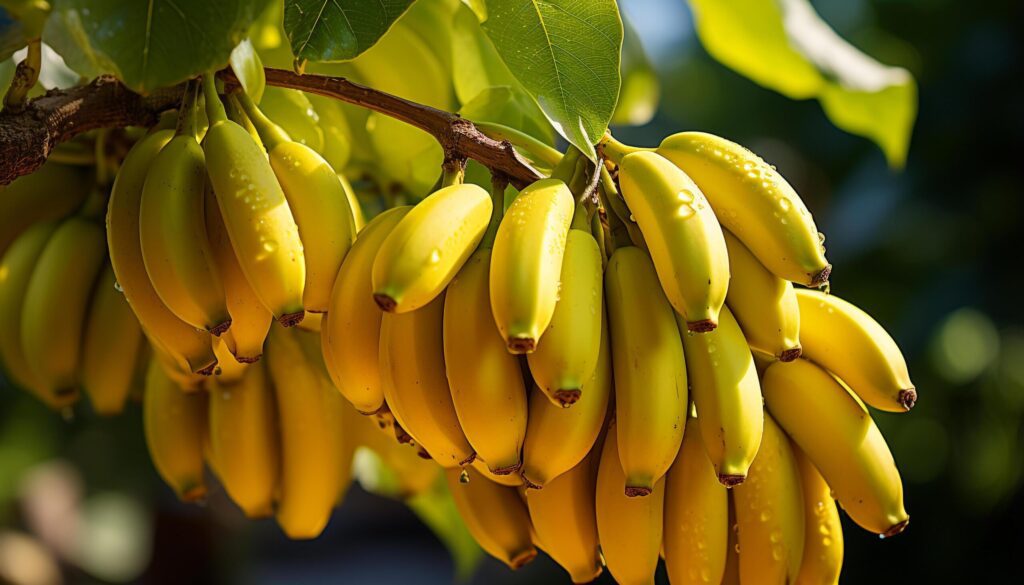 Fresh, ripe bananas on a vibrant green tropical tree generated by AI Free Photo