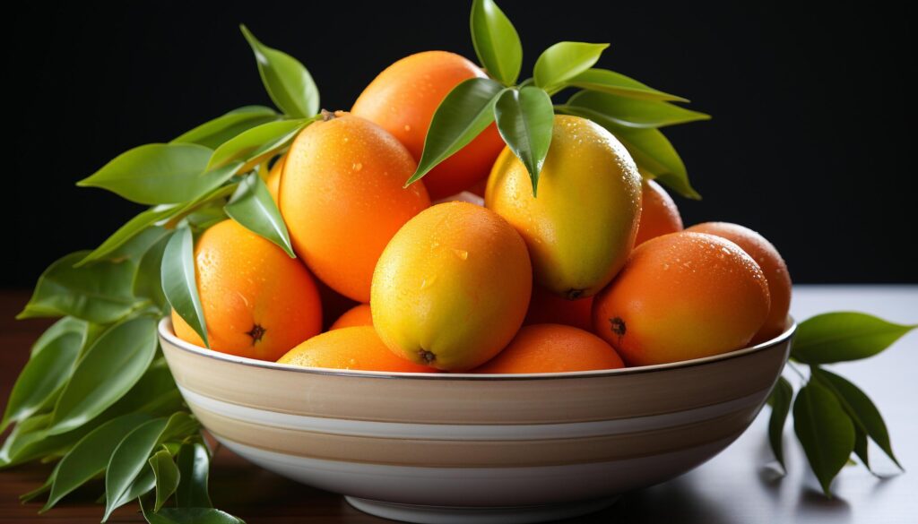 Fresh, ripe citrus fruit on a green leaf in a bowl generated by AI Free Photo