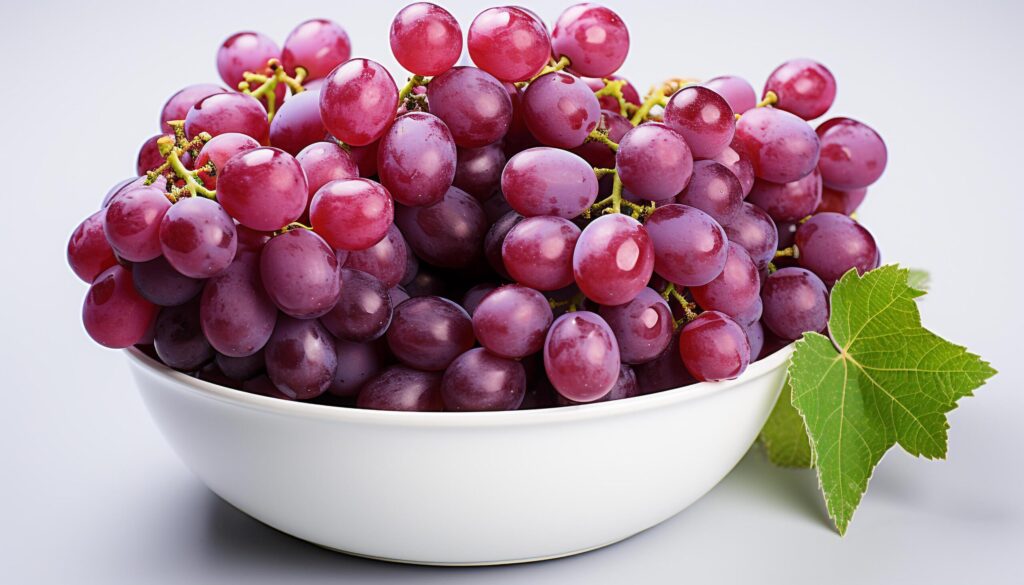 Fresh, ripe grape bunches on a wooden table generated by AI Free Photo