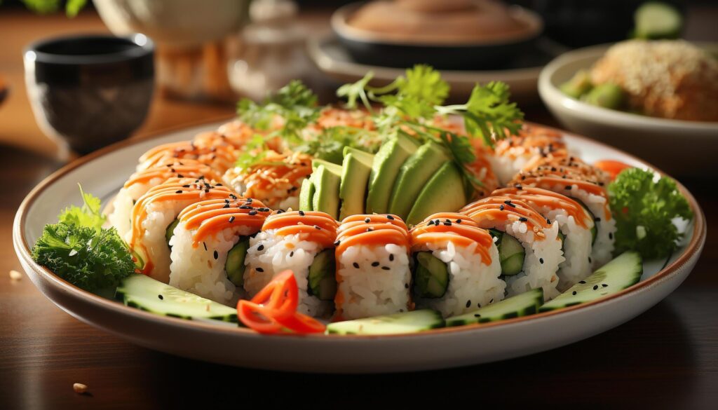 Fresh seafood meal sushi, sashimi, salad, rice, avocado, ginger generated by AI Free Photo