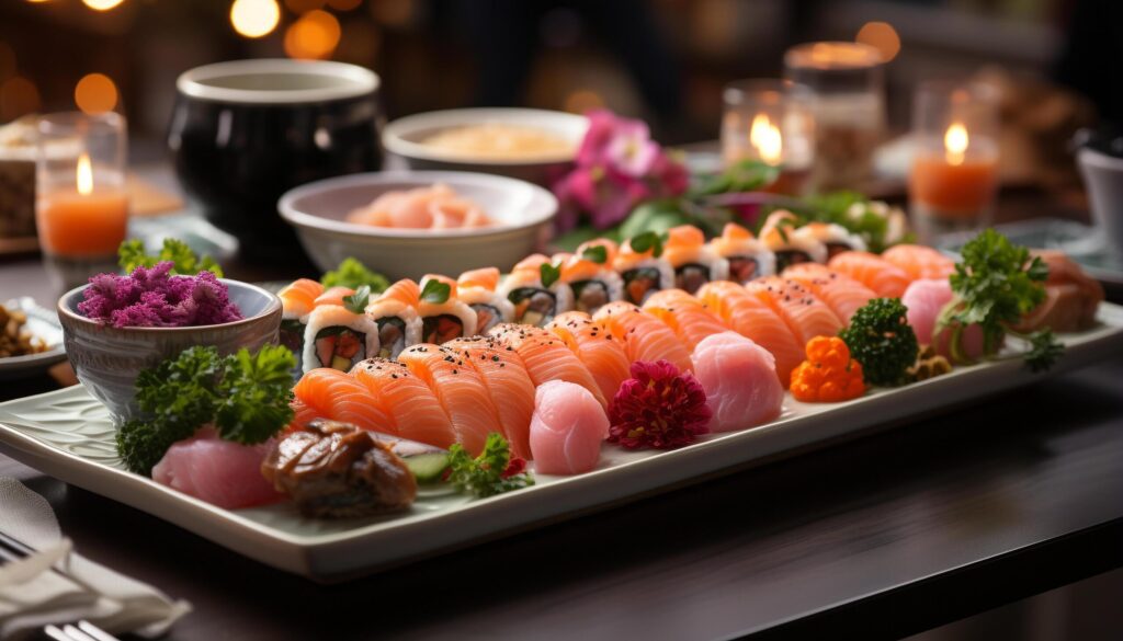 Fresh seafood plate, healthy lunch with sushi, salad, and rice generated by AI Free Photo