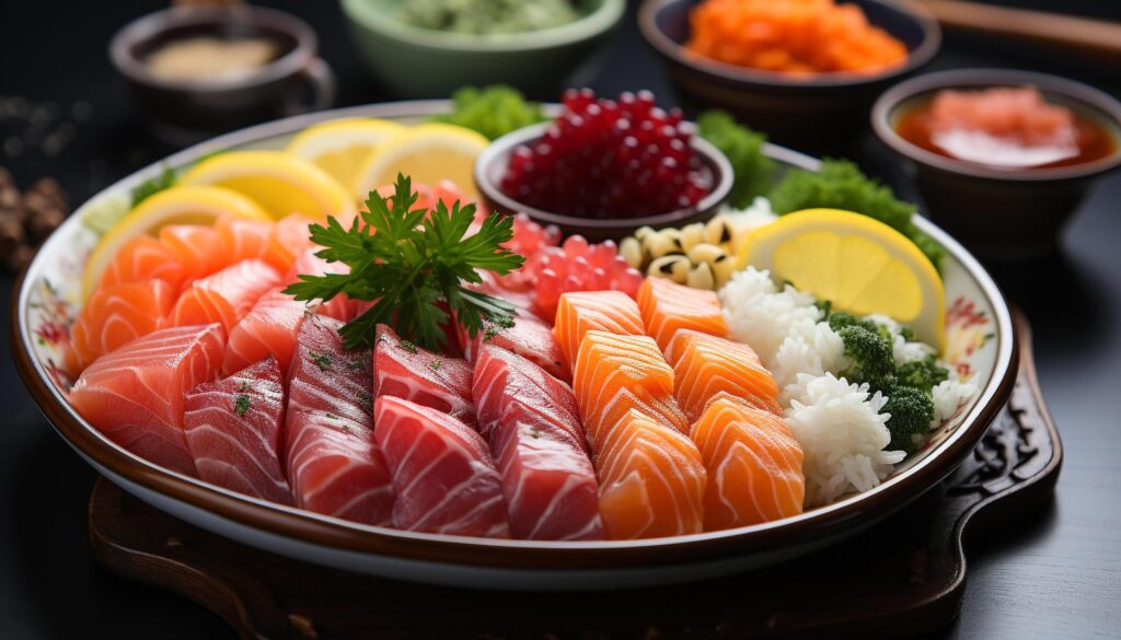 Fresh seafood sashimi plate, healthy eating with rice and salad generated by AI Free Photo