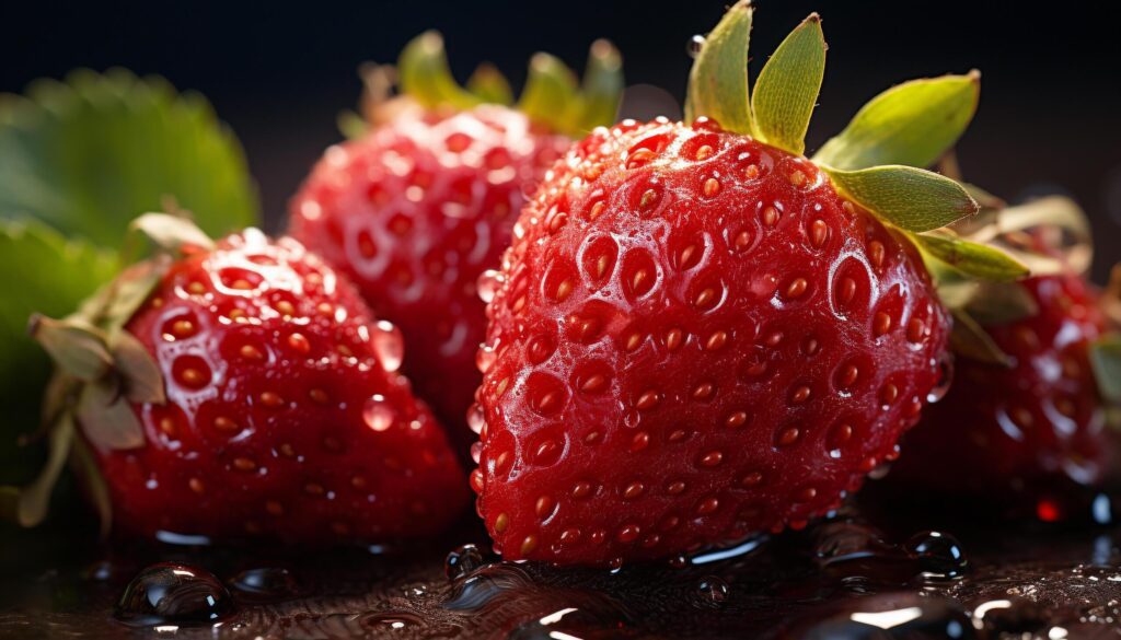 Fresh strawberry dessert, ripe and juicy, on a wooden plate generated by AI Free Photo