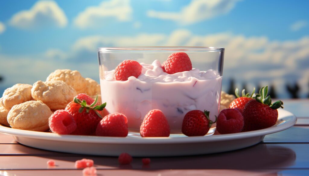 Fresh summer berries on a plate with yogurt and granola generated by AI Free Photo