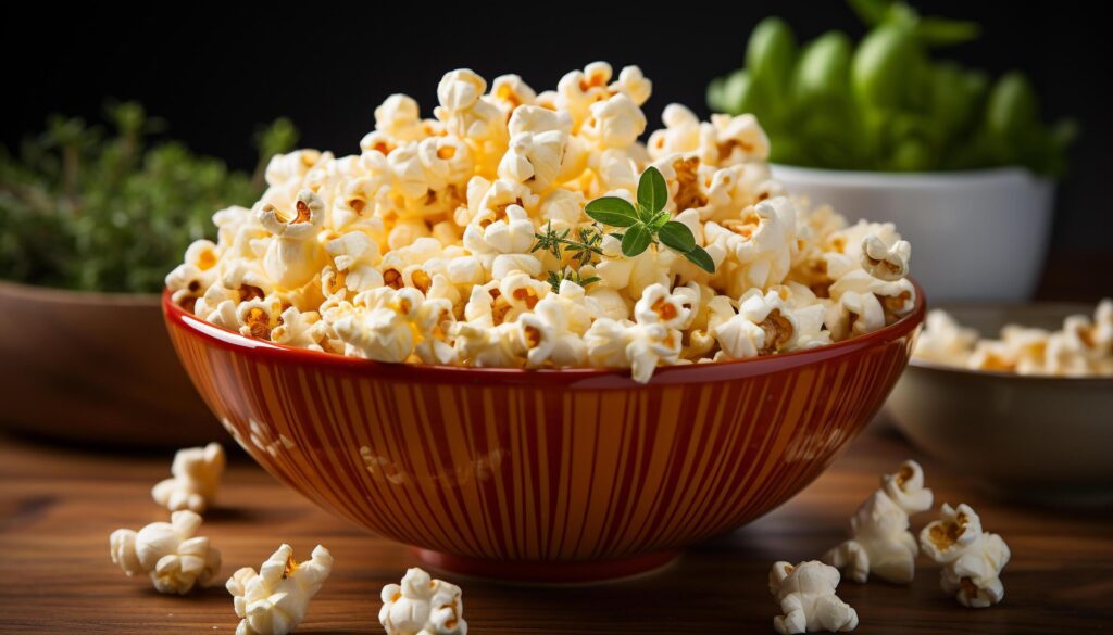 Fresh sweetcorn in a wooden bowl, a healthy movie snack generated by AI Free Photo