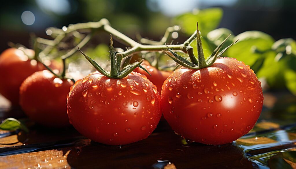 Fresh tomato drop on wet leaf, nature healthy gourmet salad generated by AI Free Photo