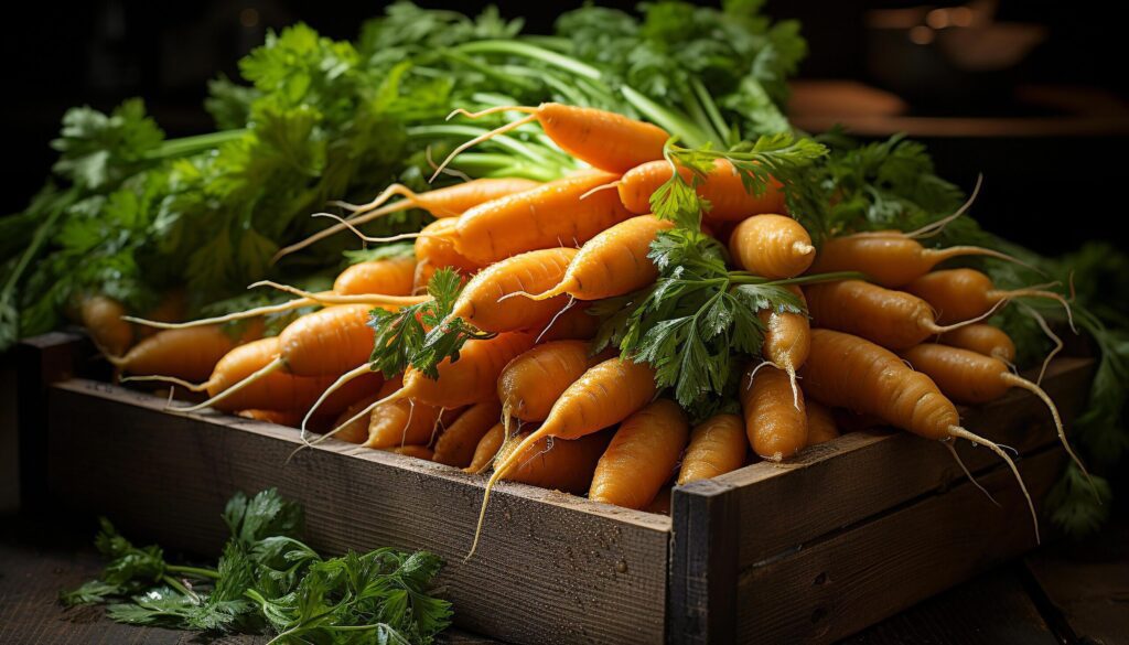 Fresh vegetable bundle on rustic wooden table, healthy eating outdoors generated by AI Free Photo