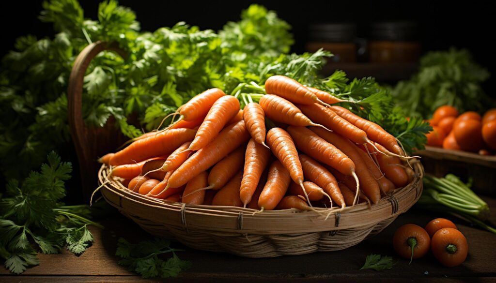 Fresh vegetables in a wicker basket, nature healthy bounty generated by AI Free Photo