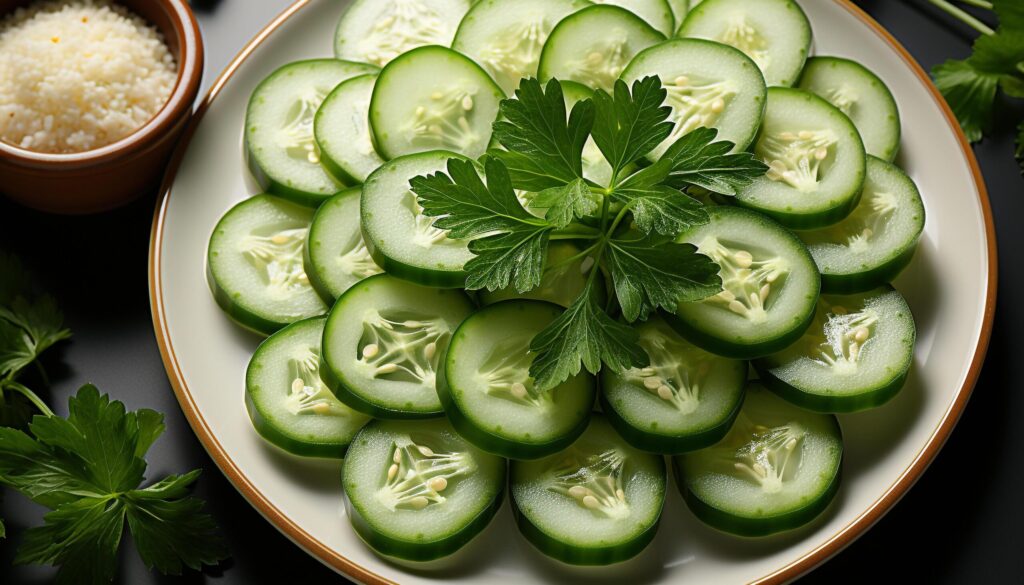 Fresh vegetarian salad with cucumber, tomato, and healthy greens generated by AI Free Photo