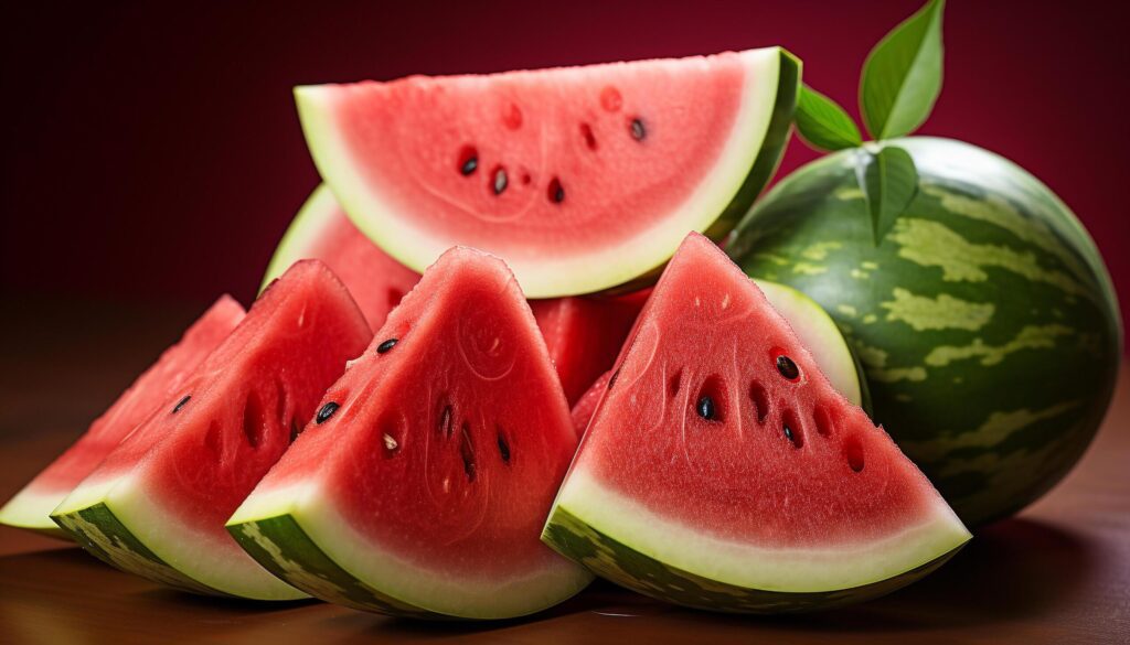 Fresh watermelon slice, a sweet and juicy summer snack generated by AI Free Photo