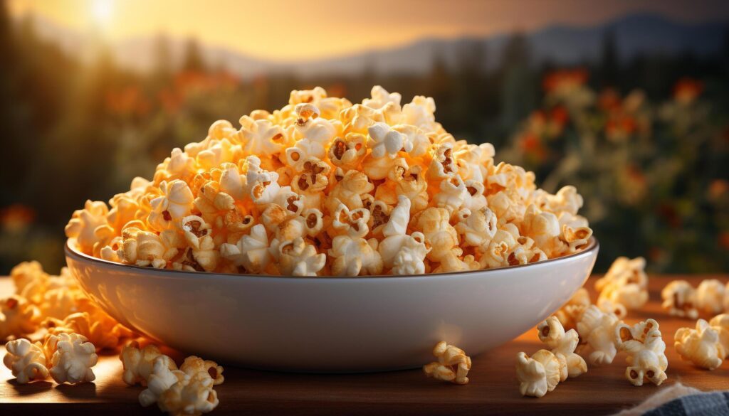 Fresh yellow corn in a bowl, a movie theater snack generated by AI Free Photo