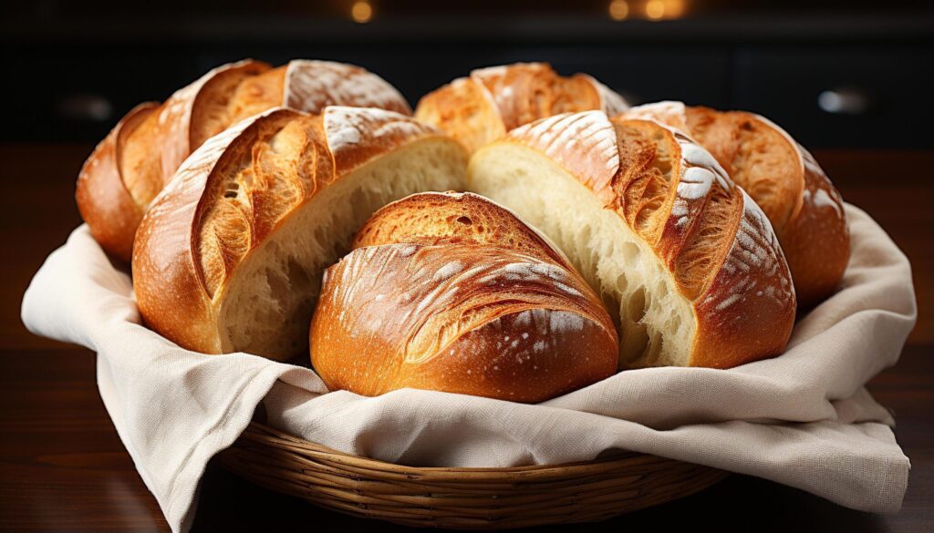 Freshly baked baguette on wooden table, a gourmet delight generated by AI Free Photo