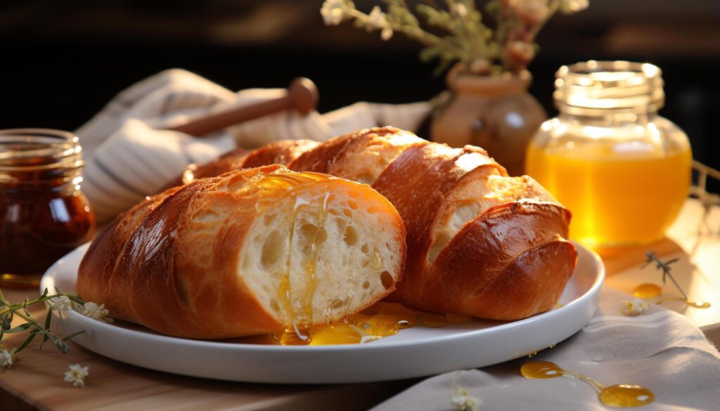 Freshly baked bread and honey, a gourmet meal on a wooden table generated by AI Free Photo