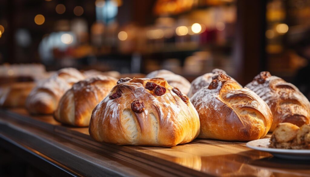 Freshly baked bread and sweet croissant on rustic wooden table generated by AI Free Photo