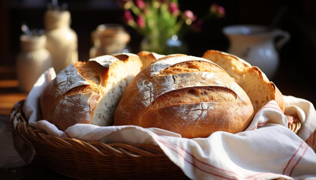 Freshly baked bread in a rustic basket, a healthy meal generated by AI Free Photo