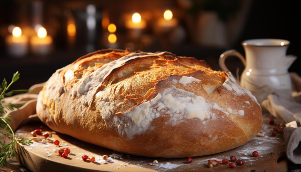 Freshly baked bread on a rustic table, homemade and delicious generated by AI Free Photo