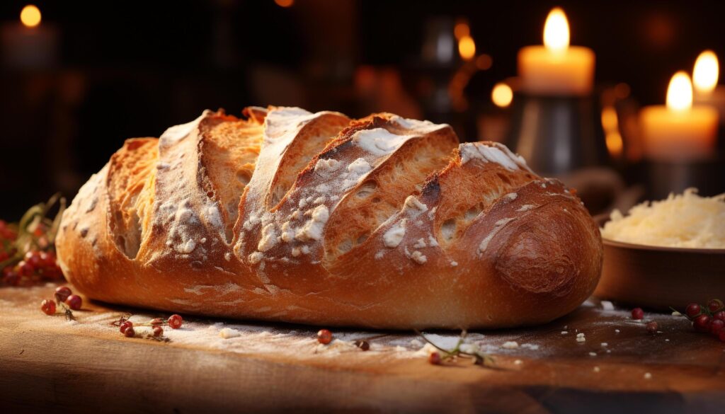 Freshly baked bread on rustic table, flame of candle generated by AI Free Photo