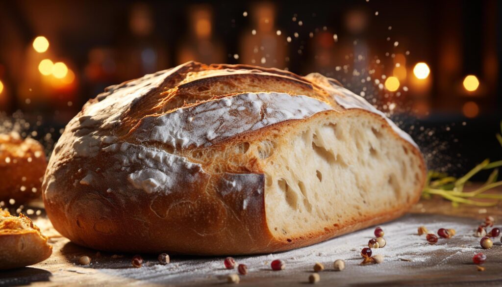 Freshly baked bread on rustic wood table, ready to eat goodness generated by AI Free Photo