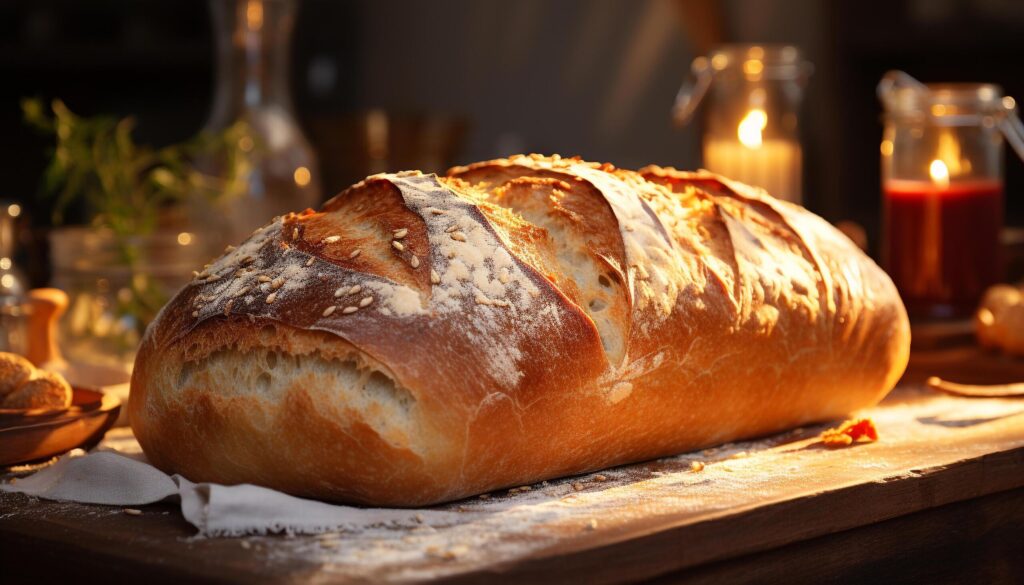 Freshly baked bread on rustic wood table, ready to eat homemade meal generated by AI Free Photo