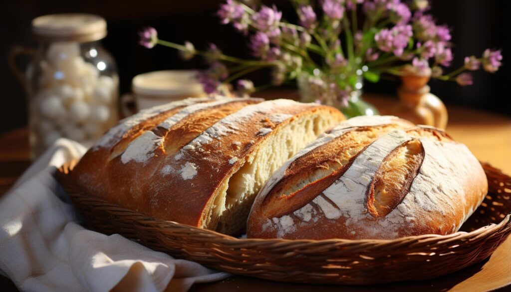 Freshly baked bread on rustic wooden table, a gourmet delight generated by AI Free Photo