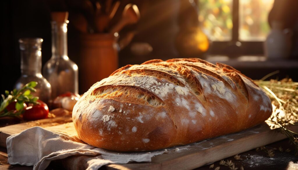 Freshly baked bread on rustic wooden table, healthy and homemade generated by AI Free Photo