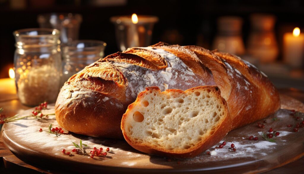 Freshly baked bread on rustic wooden table, ready to eat generated by AI Free Photo