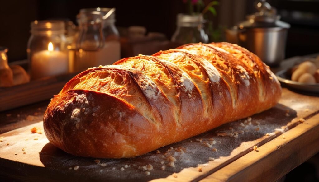 Freshly baked bread on rustic wooden table, ready to eat meal generated by AI Free Photo