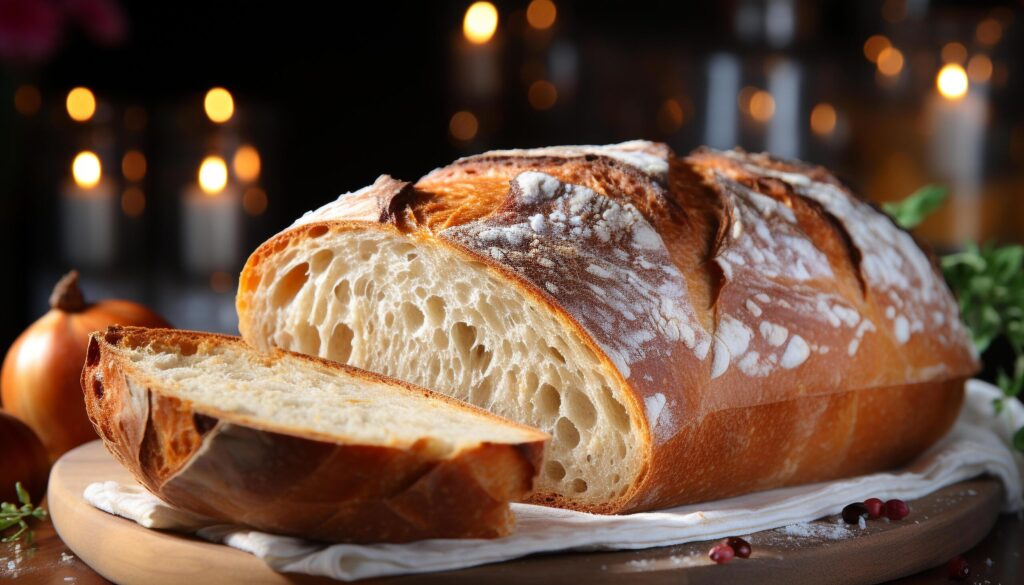 Freshly baked bread on wooden table, a delicious meal generated by AI Free Photo