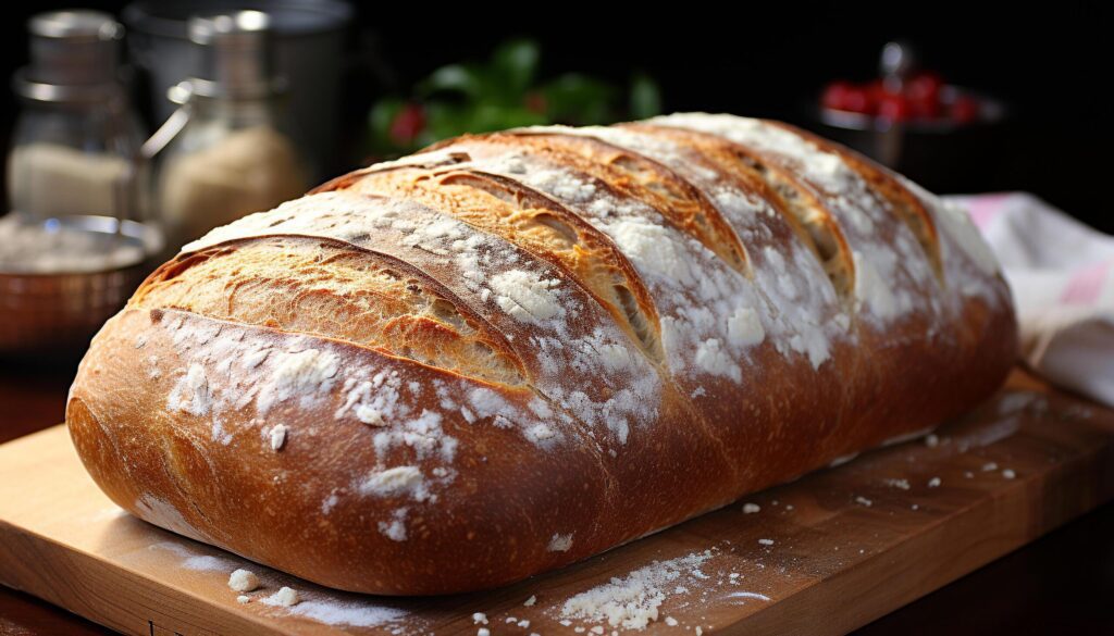 Freshly baked bread on wooden table, a gourmet meal generated by AI Free Photo