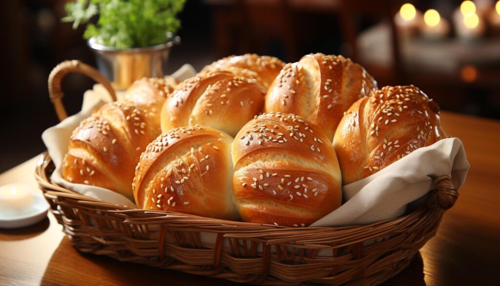 Freshly baked bread on wooden table, a gourmet snack generated by AI Free Photo