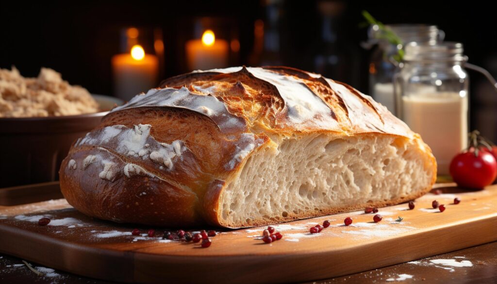 Freshly baked bread on wooden table, a homemade gourmet delight generated by AI Free Photo