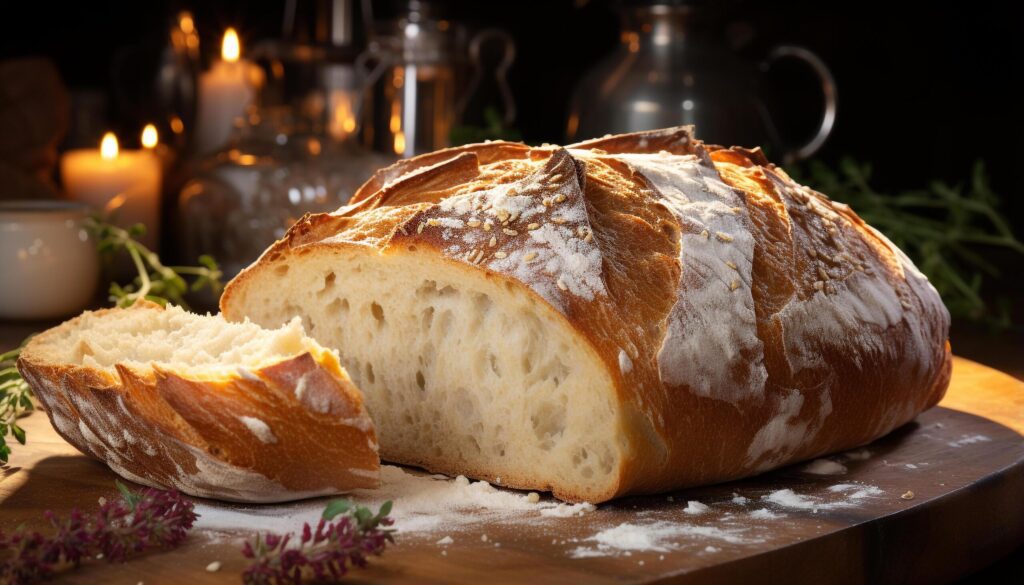 Freshly baked bread on wooden table, a homemade gourmet meal generated by AI Free Photo