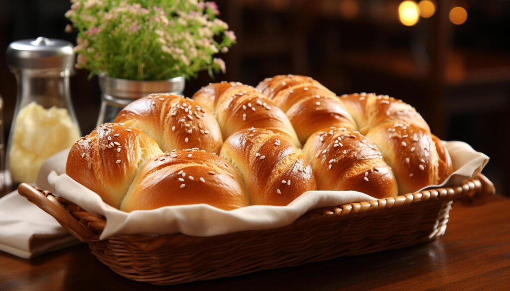 Freshly baked bread on wooden table, a sweet homemade snack generated by AI Free Photo