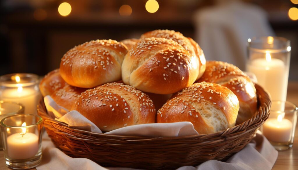 Freshly baked bread on wooden table, candle illuminates rustic meal generated by AI Free Photo