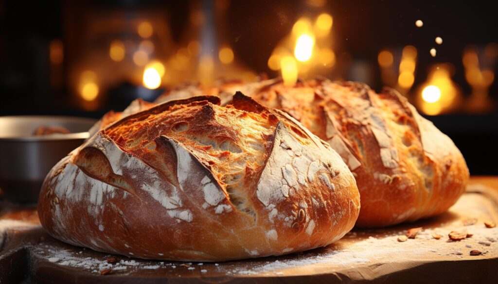 Freshly baked bread on wooden table, flames flicker in background generated by AI Free Photo