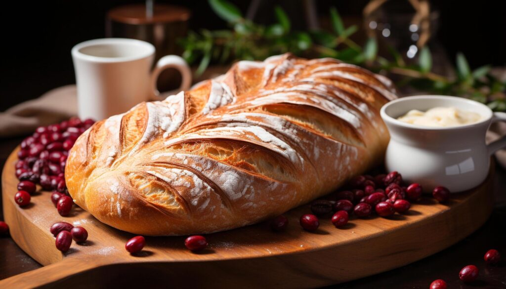 Freshly baked bread on wooden table, gourmet meal ready generated by AI Free Photo