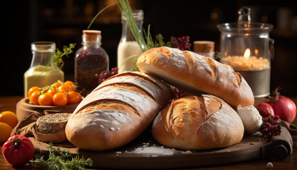 Freshly baked bread on wooden table, healthy and delicious generated by AI Free Photo