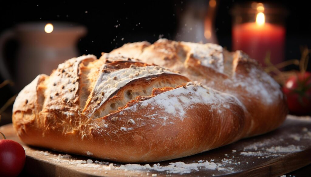 Freshly baked bread on wooden table, homemade and delicious generated by AI Free Photo