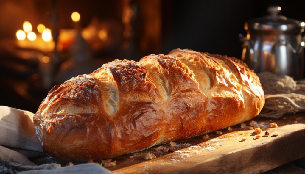 Freshly baked bread on wooden table, ready to eat and delicious generated by AI Free Photo