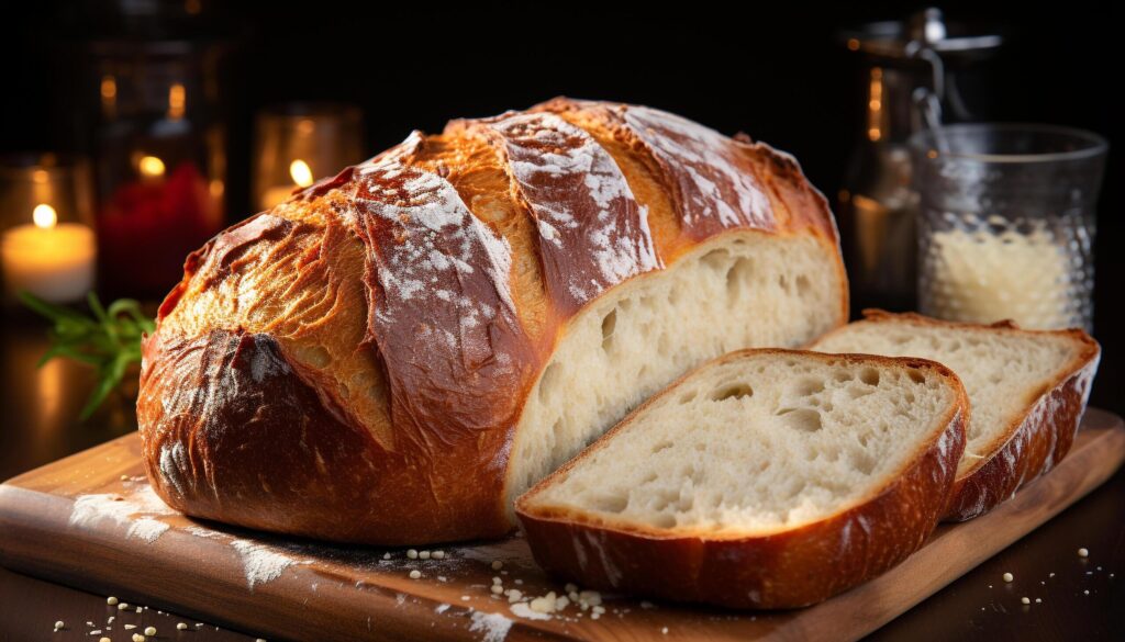 Freshly baked bread on wooden table, ready to eat gourmet meal generated by AI Free Photo