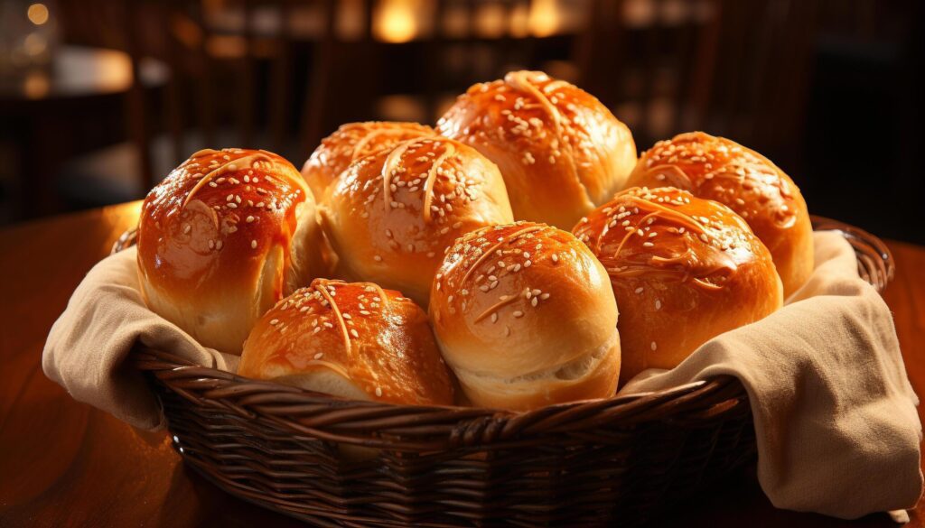 Freshly baked bread on wooden table, ready to eat gourmet snack generated by AI Free Photo