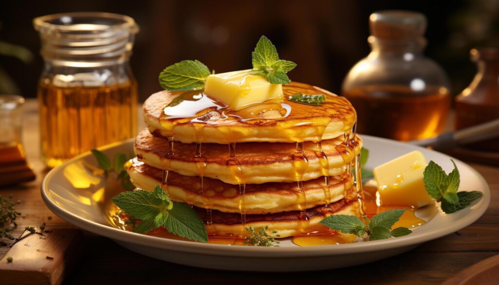 Freshly baked buttermilk pancakes with homemade berry syrup generated by AI Free Photo