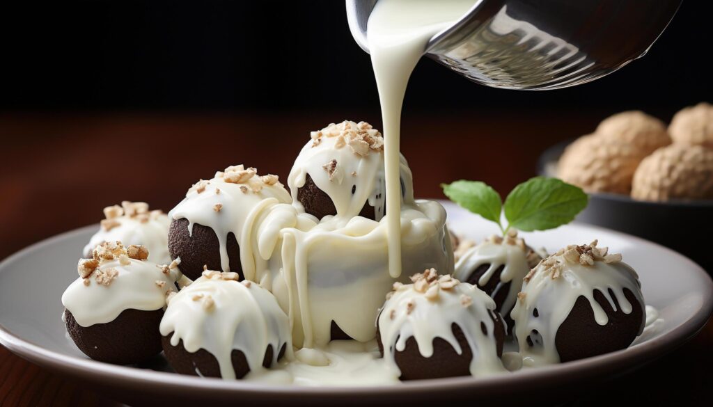 Freshly baked chocolate cake with creamy whipped icing and fruit generated by AI Free Photo