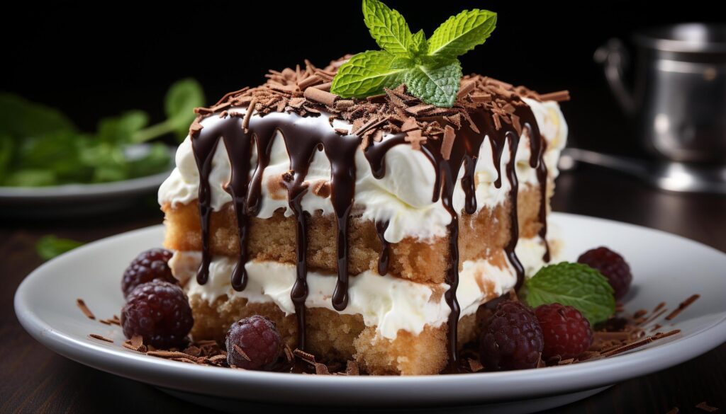 Freshly baked chocolate cake with whipped cream and raspberry sauce generated by AI Free Photo