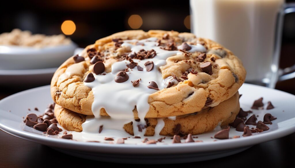 Freshly baked chocolate chip cookies on a rustic wooden plate generated by AI Free Photo