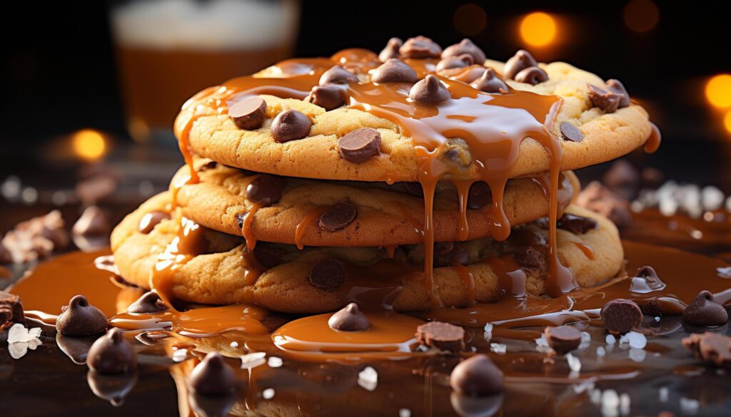 Freshly baked chocolate chip cookies on a rustic wooden table generated by AI Free Photo