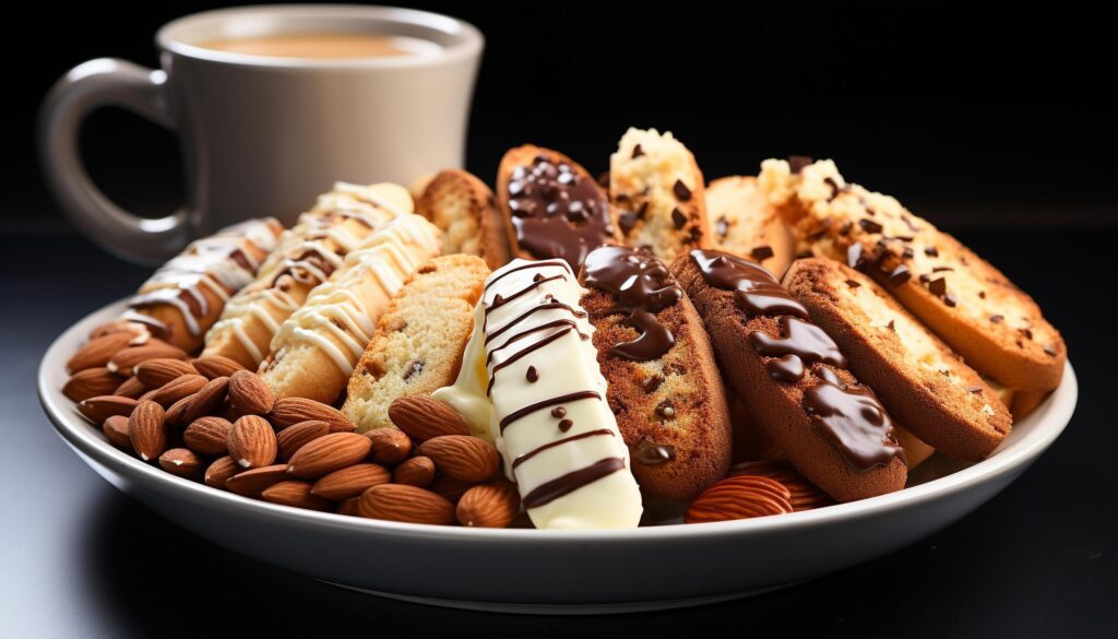 Freshly baked chocolate chip cookies on a wooden plate generated by AI Free Photo