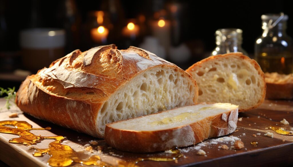 Freshly baked ciabatta bread on rustic wooden table generated by AI Free Photo